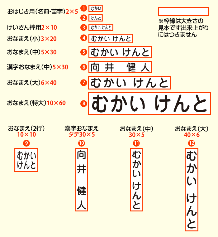 向井健人様（6文字）のレイアウト例イラスト